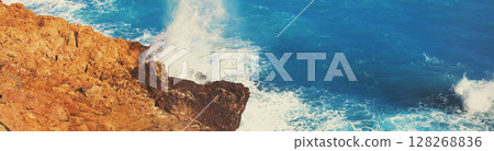 Rocky seashore. Stormy sea. Beautiful wild nature. Horizontal banner 128268836