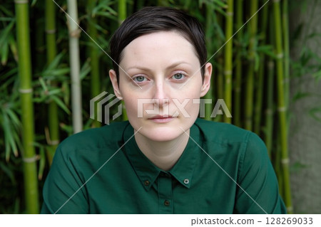 Young woman with short hair posing in front of bamboo wall 128269033