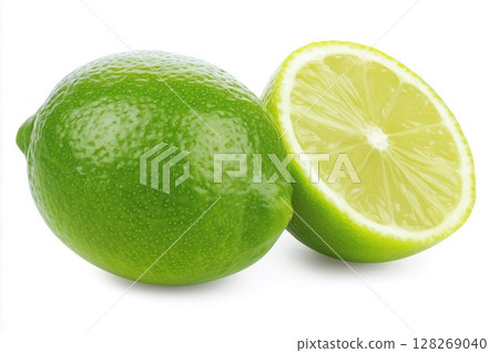 Fresh green lime showing whole fruit and cross section on white background 128269040