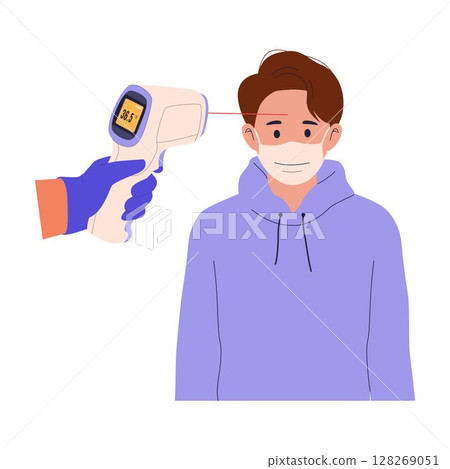 Man Temperature Screening with Infrared Thermometer 128269051