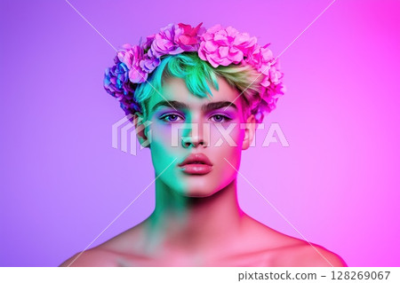 Model posing with flower crown and neon lighting effects 128269067