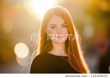Portrait of redhead woman smiling with backlight at sunset Portrait of redhead woman smiling with backlight at sunset 128269070