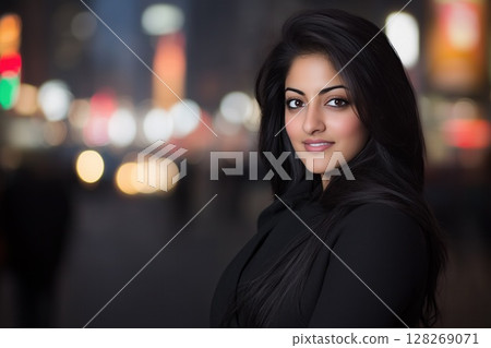 Young indian woman smiling in city at night 128269071
