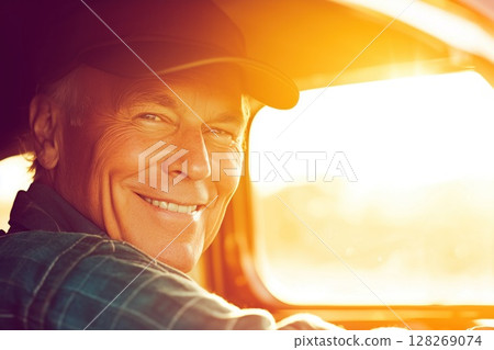 Senior farmer smiling and driving tractor during golden hour 128269074