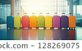 Colorful suitcases representing travel and tourism stand in airport terminal 128269075