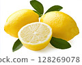 Two whole lemons and a half lemon with leaves on white background 128269078