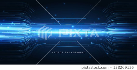 Futuristic technology horizontal lines glowing on dark blue background. 128269136