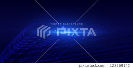 Abstract blue wave lines dynamic with lighting effect sparkle on dark blue background. Futuristic wave lines concept. 128269145
