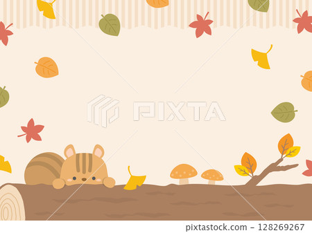 Autumn leaves forest frame with cute squirrels 128269267