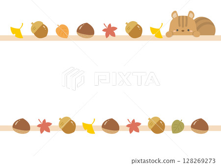 Frame of autumn leaves, ginkgo leaves and squirrels 128269273