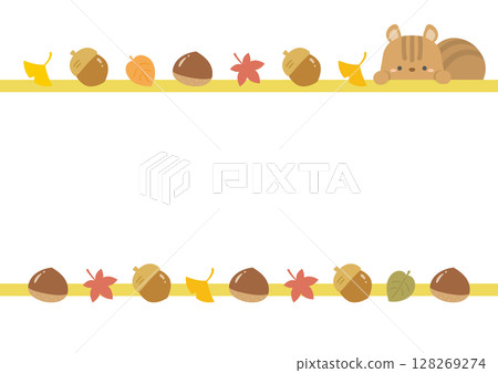 Frame of nuts, autumn leaves, ginkgo leaves and squirrels 128269274