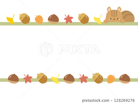 Frame of autumn maple and ginkgo leaves and squirrels 128269276