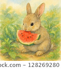 小兔子在田裡吃西瓜 128269280