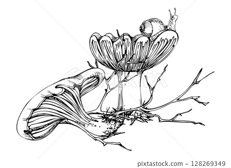 Russula webcap mushroom, snail on top, naked twisting twigs branches. Forest woodland floor habitat scene. Illustration hand drawn in vector ink. Foraging logbooks, gardening notebooks, nature posters Russula webcap mushroom, snail on top, naked twisting twigs branches. Forest woodland floor habitat scene. Illustration hand drawn in vector ink. Foraging logbooks, gardening notebooks, nature posters 128269349