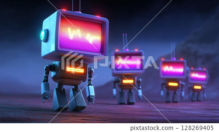 Futuristic robots with glowing screens in a vibrant landscape. 128269405
