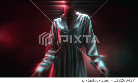 Blurred figure in a dress against a dark, distorted background. 128269437