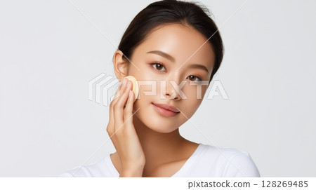 Beautiful woman makeup her face with cosmetic products, Young woman applying skincare with cotton pad on a bright background. 128269485