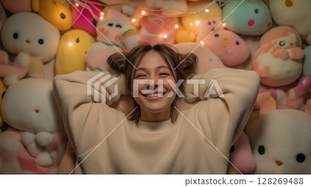 Smiling woman surrounded by colorful plush toys and fairy lights. 128269488
