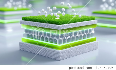 3D representation of a layered structure with bubbles and green elements. 128269496