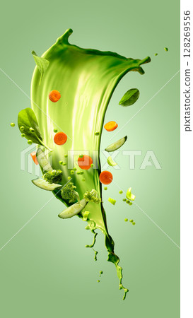 Hand made collage. Green smoothie splash with cucumber, spinach, carrots and broccoli Hand made collage. Green smoothie splash with cucumber, spinach, carrots and broccoli 128269556