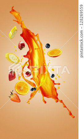 Hand made collage. Fresh fruit splash with juice explosion on orange background Hand made collage. Fresh fruit splash with juice explosion on orange background 128269559