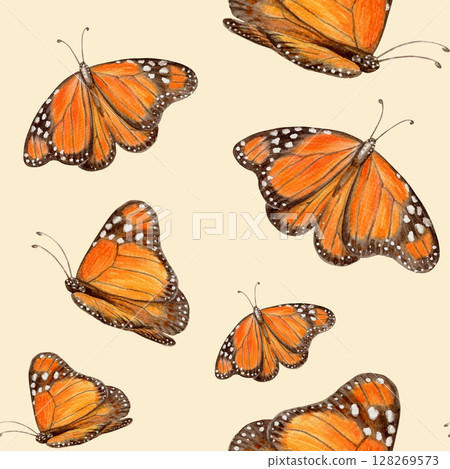 Watercolor monarch butterfly seamless pattern on butter yellow background. Hand drawn orange wing butterflies. Perfect for vintage summer fabric or wallpaper. Textile design and decorative projects. Watercolor monarch butterfly seamless pattern on butter yellow background. Hand drawn orange wing butterflies. Perfect for vintage summer fabric or wallpaper. Textile design and decorative projects. 128269573