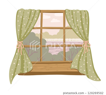 Window vector with summer countryside view and cozy home details. Hand drawn cute illustration with tree lake and village landscape. Ideal for book scene decoration and web design with rural concept. Window vector with summer countryside view and cozy home details. Hand drawn cute illustration with tree lake and village landscape. Ideal for book scene decoration and web design with rural concept. 128269582