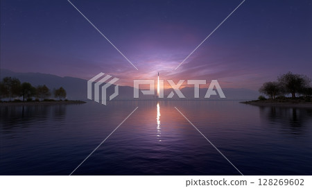rocket spaceship rising from the launch site.over a calm lake with distant mountains and a glowing tower. 128269602