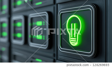 AI and technology innovation concept, Glowing lightbulb icon on a digital server interface. 128269693