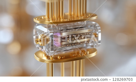 Quantum Computing Laboratory concept, Close-up of a transparent quantum device with gold accents. Quantum Computing Laboratory concept, Close-up of a transparent quantum device with gold accents. 128269703