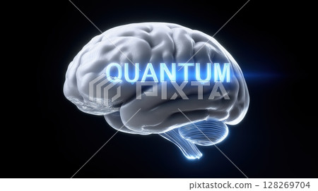 Quantum Computing Laboratory concept, 3D brain illustration with "QUANTUM" text glowing prominently. 128269704
