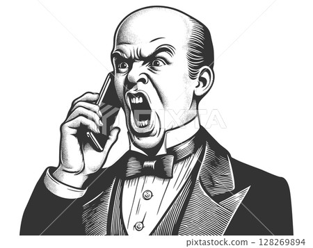 Angry Bald Man Yelling Phone raster illustration Angry Bald Man Yelling Phone raster illustration 128269894