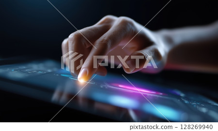 AI Agent assistance and workflow automation concept, Touchscreen interaction with a glowing interface in low light. 128269940