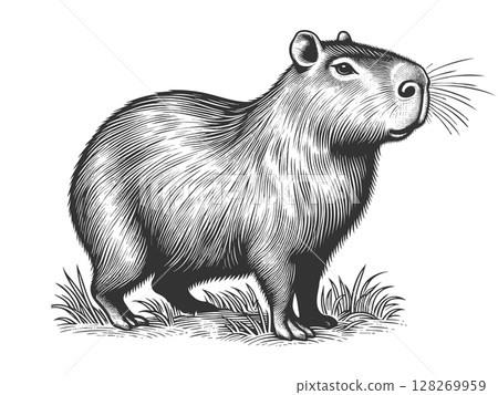 Capybara engraving sketch vector illustration 128269959