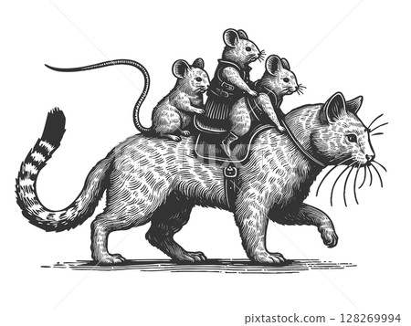 Mouse Riding a Cat engraving vector illustration 128269994
