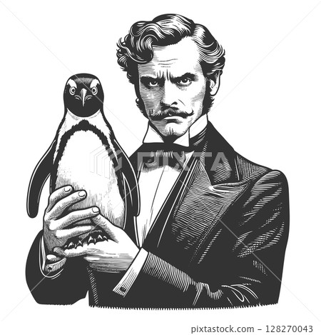 Man with Penguin engraving vector illustration 128270043