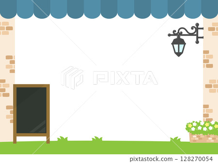 帶有藍色帳篷屋頂、斗篷和黑板的咖啡館框架 帶有藍色帳篷屋頂、斗篷和黑板的咖啡館框架 128270054