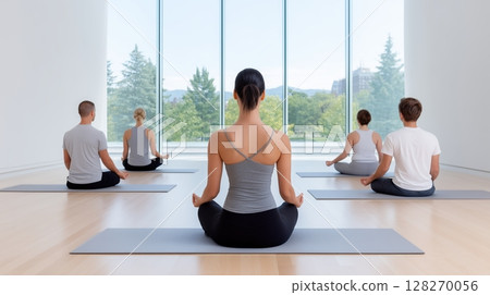 Yoga and meditation class indoor, Group meditation in a serene, modern studio setting. 128270056