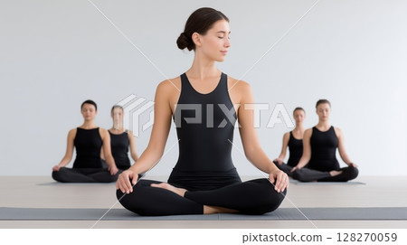 Yoga and meditation class indoor, Meditative yoga practice with a group of women in black attire. Yoga and meditation class indoor, Meditative yoga practice with a group of women in black attire. 128270059