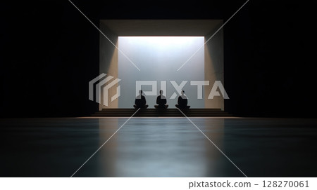 Yoga and meditation class indoor, Silhouettes of three figures meditating in a dimly lit space. Yoga and meditation class indoor, Silhouettes of three figures meditating in a dimly lit space. 128270061