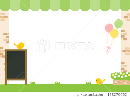 Cafe frame with green tent roof, blackboard and balloons Cafe frame with green tent roof, blackboard and balloons 128270062