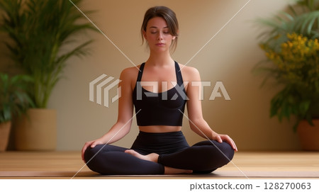 Yoga and meditation class indoor, A woman meditating in a serene indoor setting with plants. Yoga and meditation class indoor, A woman meditating in a serene indoor setting with plants. 128270063