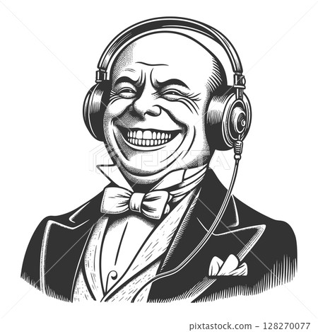 Laughing Bald Gentleman Listening to Music vector 128270077