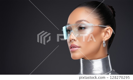 Futuristic woman in eyewear with metallic attire and sleek hairstyle. 128270295