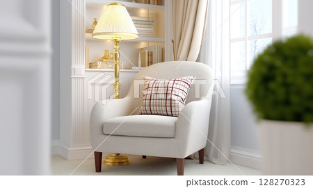 Cozy armchair beside a bookshelf in a softly lit interior space. 128270323