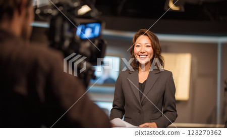 News anchor smiling in studio with camera in focus. 128270362