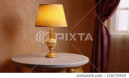 Elegant lamp on a table against a stylish backdrop. 128270434
