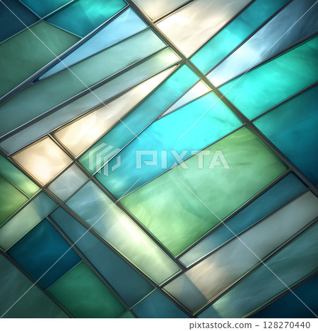 [Stained-glass style blue-green background] Abstract geometric design where light and shadow intersect 128270440
