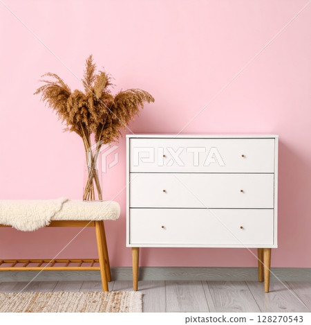 Modern white cabinet on pink color wallpaper 128270543