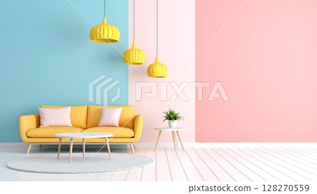 Modern pastel colorful living room interior featuring comfortable sofa, armchair, and lamp against a modern architectural wood wall Modern pastel colorful living room interior featuring comfortable sofa, armchair, and lamp against a modern architectural wood wall 128270559